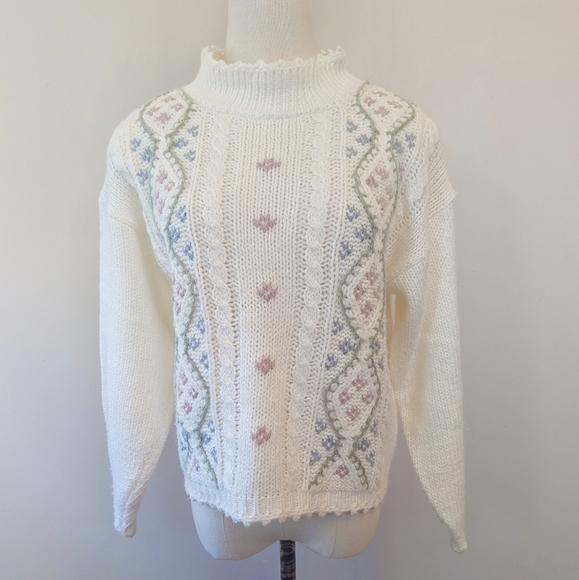Vintage Hand Knit Needlepoint Cable Knit Mock Neck Sweater Cottagecore - Picture 1 of 12